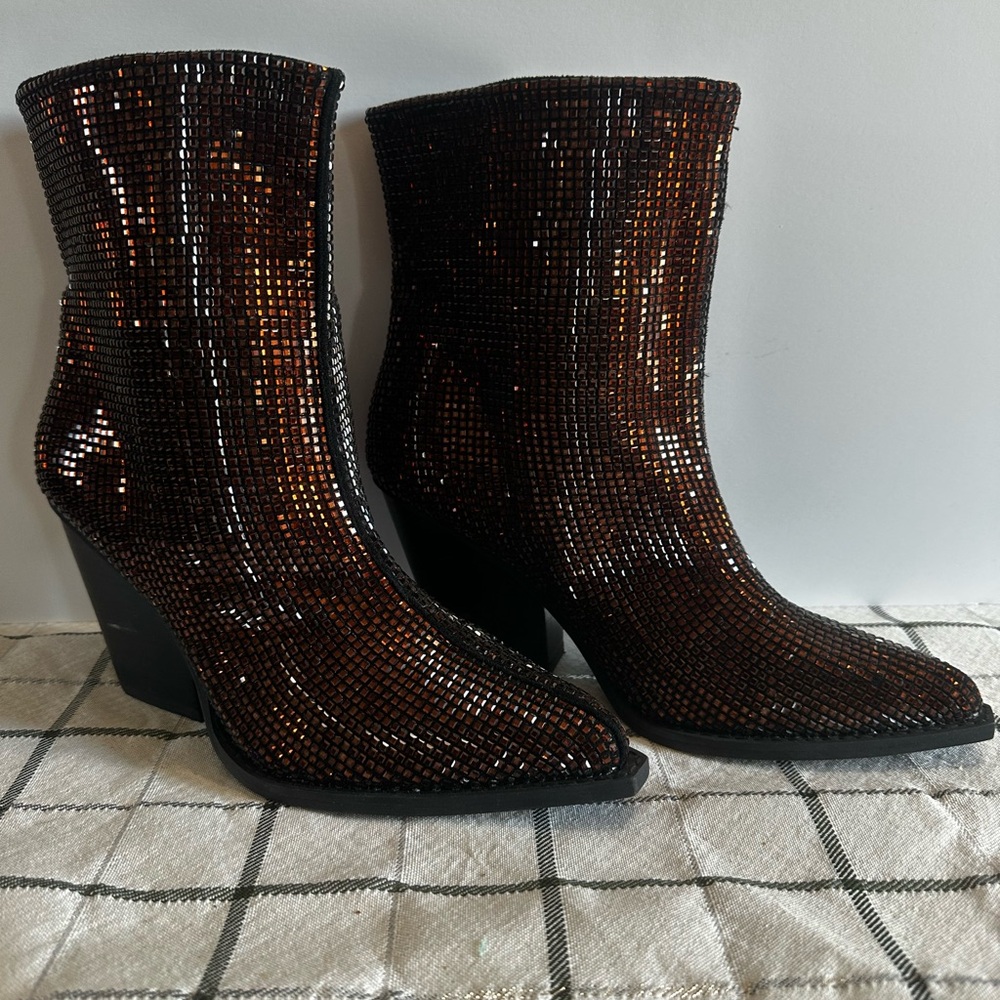 BEAST FASHION Brown Sequin Pointed Ankle Boots